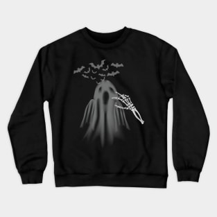 Halloween Black Tee, Ghost with Skeleton , Bats in the Background Crewneck Sweatshirt